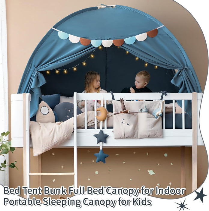 Full Size Bed Canopy for Kids, Toddler Bed Tent Dream Playhouse Privacy Floor Sleeping Tents Indoor under Bunk Bed Tent with Pennant Banners, Kid House Toys for Boys Girl Birthday