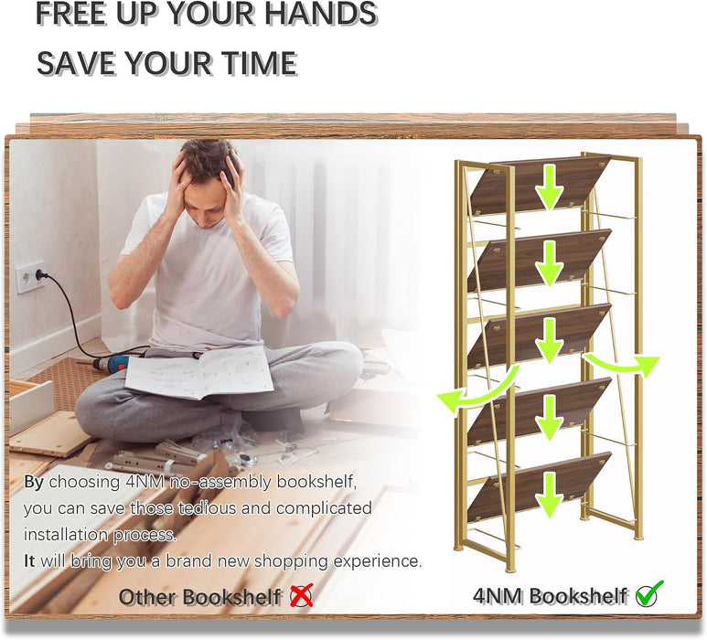 No Assembly Folding Bookshelf Book Shelves, 5-Tier 62.2"" H Collapsible Foldable Bookcase Storage Industrial Shelf for Living Room Bedroom Office