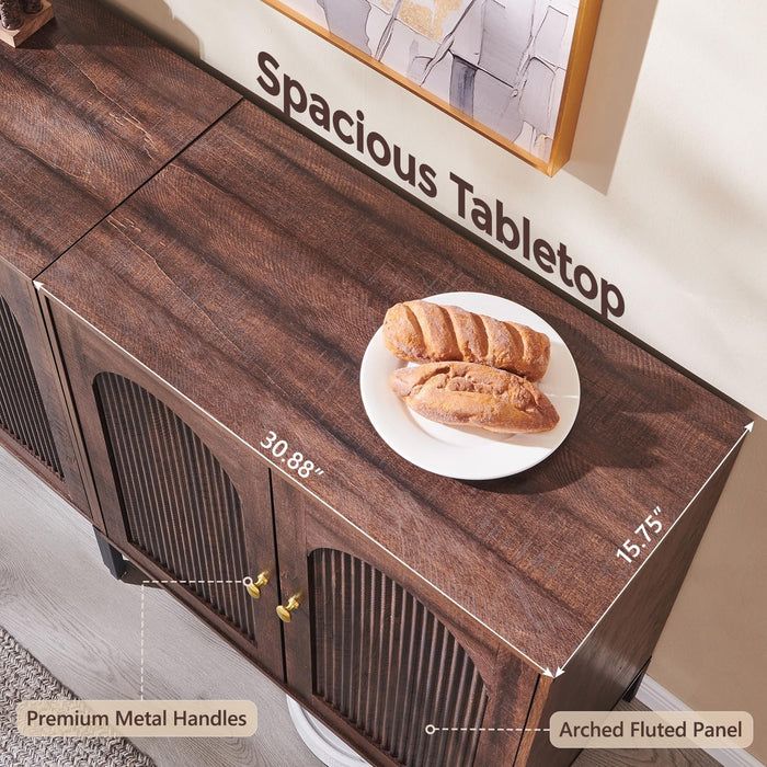 92.63" W Modern Arched Sideboard Buffet Cabinet with Storage, Brown | Fluted Arch Sideboard Cabinet W/Adjustable Shelves, Wooden Modular Kitchen Cabinet for Dining& Living Room, Entryway