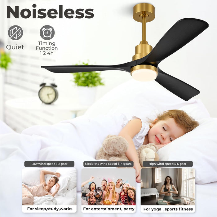52 Inch Smart Ceiling Fan with Lights,Outdoor Ceiling Fan 3 Wood Blades Compatible with Alexa/Gg Voice Control&App&Remote,Quiet DC Motor for Covered Patio Porch Bedroom,Black and Gold