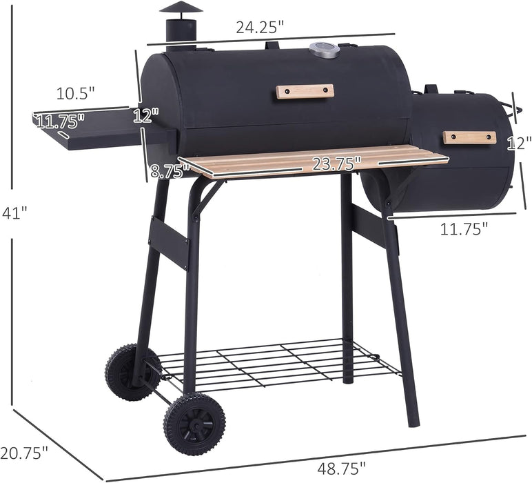 48" Steel Portable Charcoal Grill with Offset Smoker,Stainless Steel Barbecue Grill with Wheels for Patio BBQ Cooking, Camping
