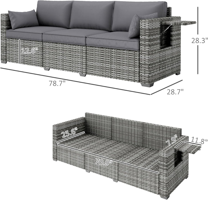 3 Seater Wicker Sofa with Side Tray Tables, Rattan Outdoor Patio Sofa with 6" Thick Back Cushions, Outdoor Wicker Couch with Deep Seating, Pillows for Porch, Garden, Backyard, Mixed Gray
