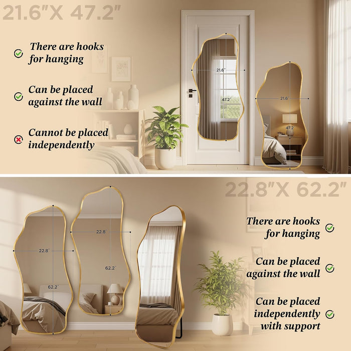 Irregular Full Length with Stand-Standing Leaning Hanging 62.2"X22.8" Gold Asymmetrical Aluminum Frame Decorative Full Body Mirror for Living Room,Bedroom,Cloakroom,Entryway