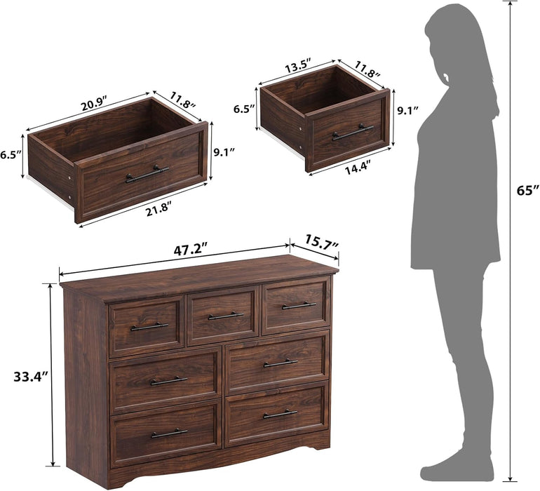 Walnut Farmhouse Dresser for Bedroom, Modern 7 Chest of Drawers, 47" Wide Chest of Drawers with Metal Handle, Wood Dresser TV Stand and Storage Cabinet for Bedroom, Living Room