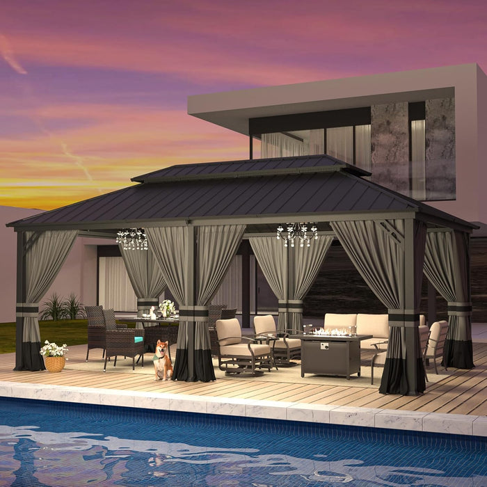 12'X20' Hardtop Gazebo, Outdoor Double Roof Canopy with Netting and Curtains, Galvanized Metal Frame, Sunshade for Patio, Backyard, Deck and Lawns-Gray