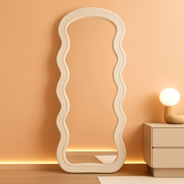 71"X32" Irregular Mirror Full Length, Large Full Body Freely Standing Mirror, Flannel Wave Floor Mirror with Stand for Bedroom, Living Room, Hanging or against the Wall, White