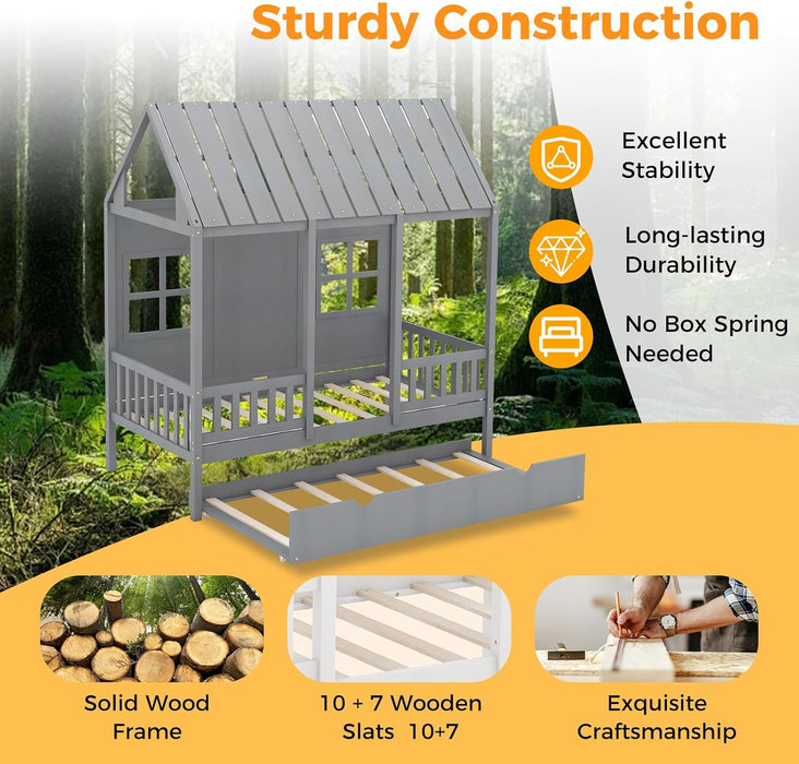 Twin Size CharcoalGray Premium Hardwood Playhouse Bed