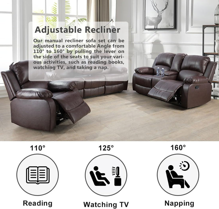 3PCS Recliner Sofa Set Vegan Leather Reclining Couch Set  Living Room Furniture Sets Manual Reclining Sofa Set with Cup Holders/Storage Console/Flip down Table for Home/Office (Brown, 3PCS Set)