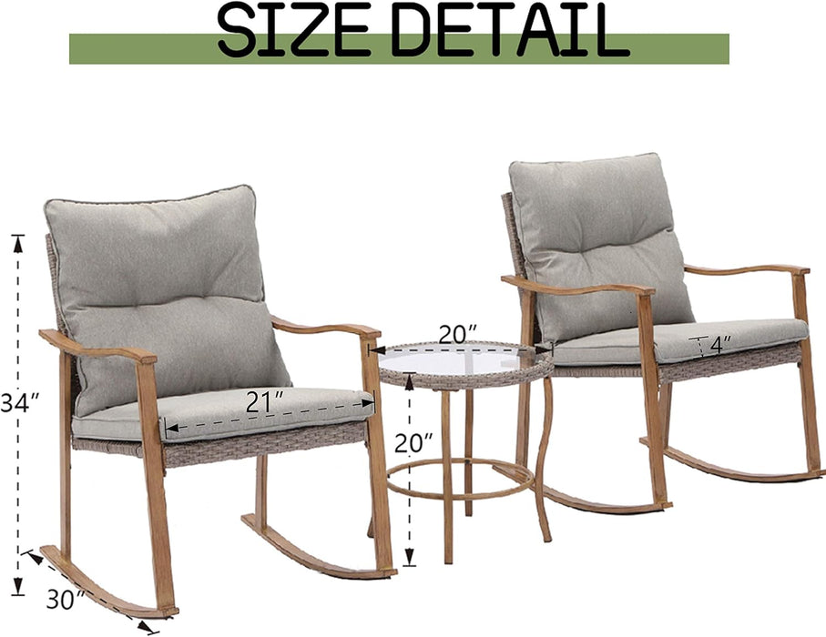 3-Piece Outdoor Rocking Chairs Bistro Set Wicker Patio Furniture Set Wood Arm Rest Patio Rockes Set W Warm Gray Cushions, Front Porch Rocking Chairs with Glass Coffee Table for Balcony,Garden
