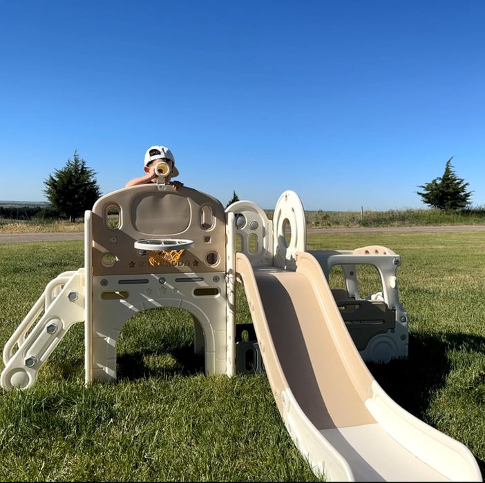 10 in 1 Toddler Slide Outdoor Playset Kids Slide Freestanding Slides with Bus Playhouse Telescope Basketball Hoop Ring Toss and Ball Indoor Playground for Kids Age 1+ Years(Beige)