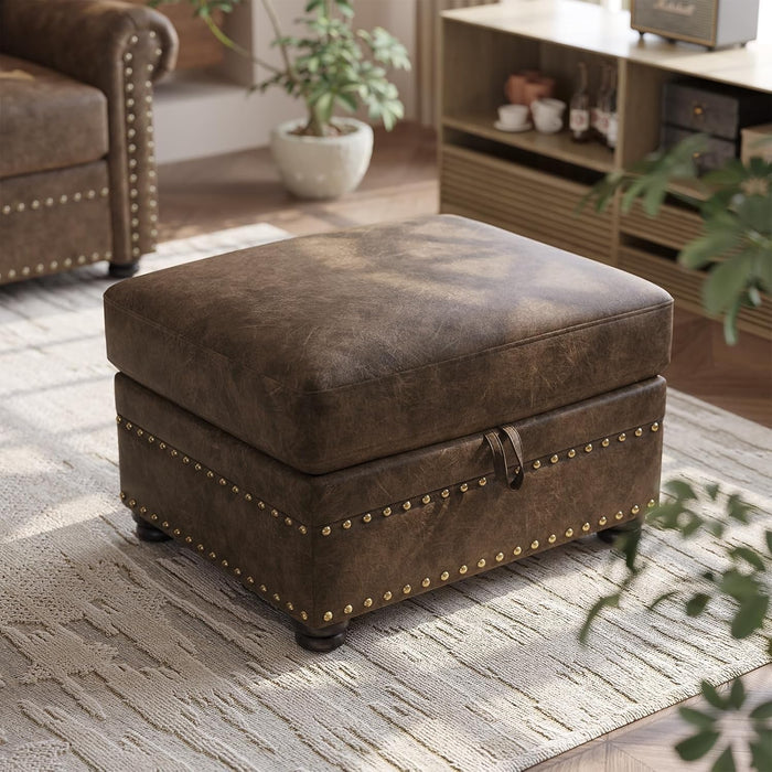 Faux Leather Ottoman with Storage, Rectangle Ottoman Coffee Table with Nailhead Trim, Solid Wood Legs, Oversized Upholstered Footrest Stool for Living Room, Bedroom, Apartment, Brown
