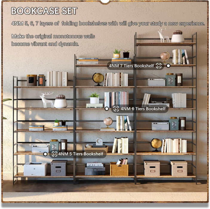 No Assembly 5 Tier Collapsible Book Shelves, 51.2" H X 23.6" W Folding Bookshelf Bookcase Open Industrial Foldable Shelf for Bedroom, Living Room, Home Office - Rustic Brown