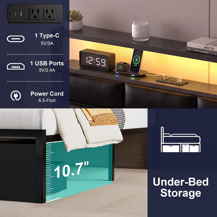 Full Bed Frame with 2 Storage Drawers, LED Lights & Charging Station, Upholstered Headboard with Shelves, Heavy Duty Metal Platform, No Box Spring Needed, Noise Free, Easy Assembly