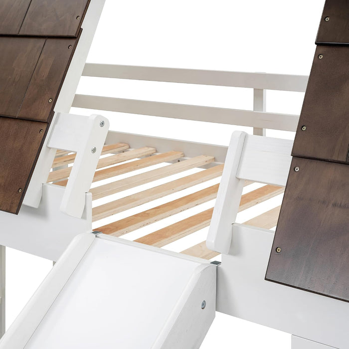 Twin Size Montessori Wooden Playhouse BunkBed Slide