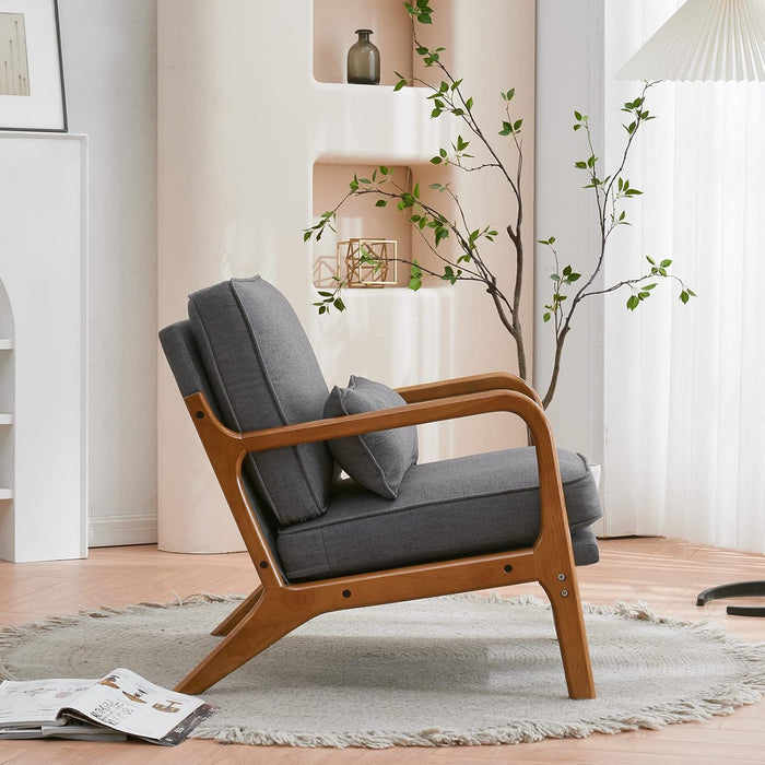 Gray Linen Upholstered MidCentury Chair With Pillow