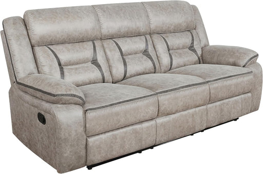 Home Furnishings - Greer - Fabric - Upholstered Motion Reclining Sofa with Drop-Down Console Stainless Steel Cupholders - Living Room - 30-Inch - Taupe - 651351