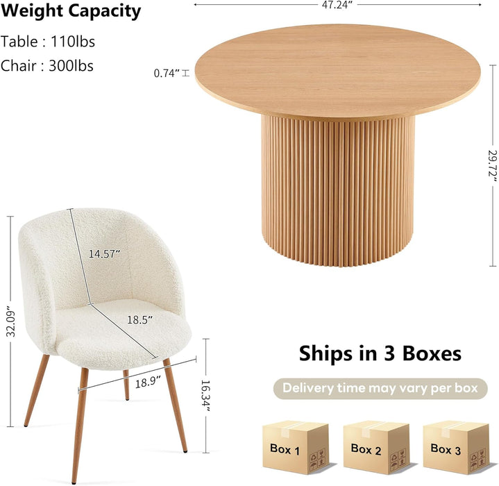 5-Piece Wooden round Dining Room Table and Chair Set, 47-Inch Kitchen Table with Barrel Chairs for 4, off White Upholstered Sherpa Dining Set, MDF Core with Oak Finish