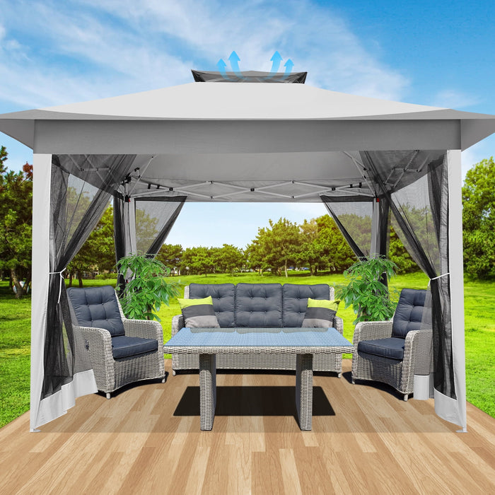 12X12Ft Outdoor Pop up Gazebo with Mosquito Netting, Instant Patio Canopy Tent for Shade and Rain, 2 Tiered Vente Gazebo Canopy for Garden Backyard with Carry Bag&4 Sandbags