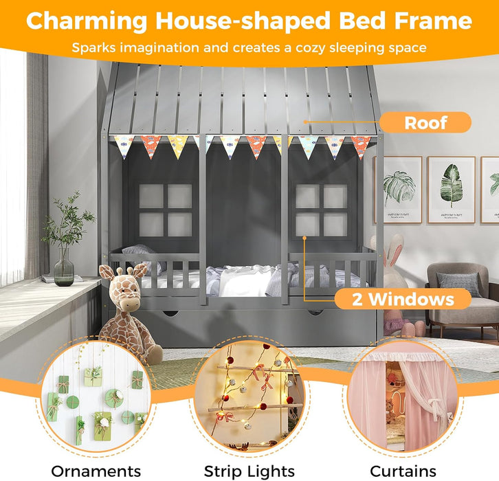 Twin Size CharcoalGray Premium Hardwood Playhouse Bed