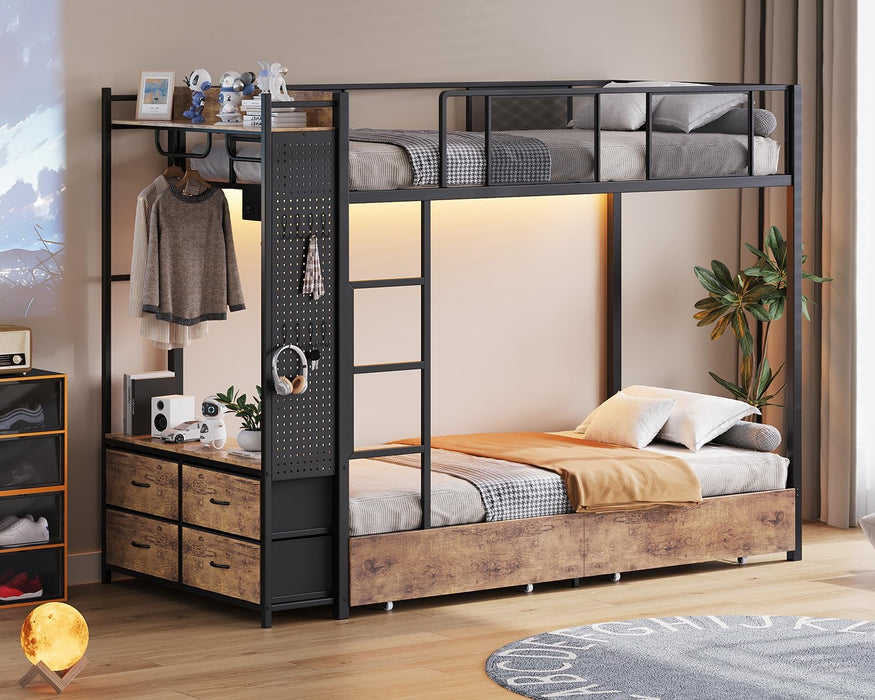 IndustrialGrade Brown Metal Twin Over Twin BunkBedStorage