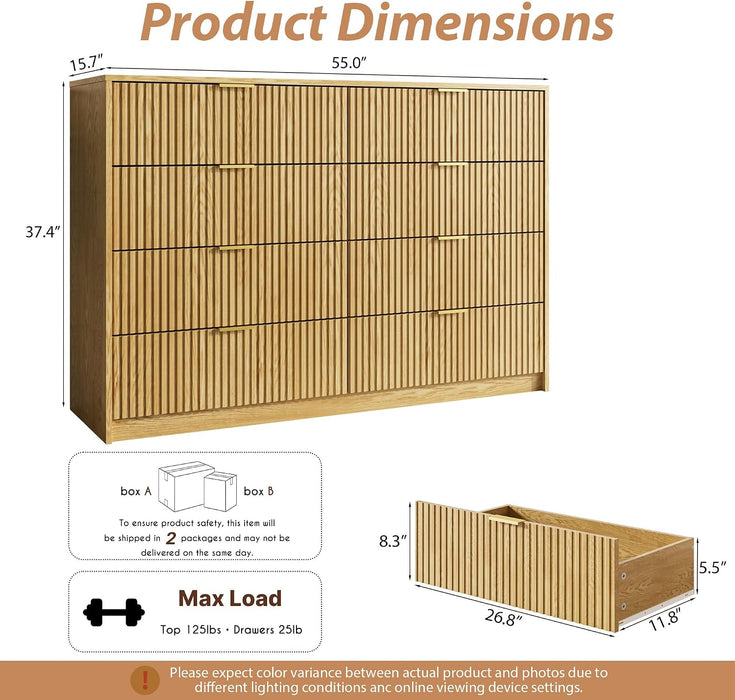 55" Wide Fluted 8-Drawer Double Dresser for Bedroom, Natural