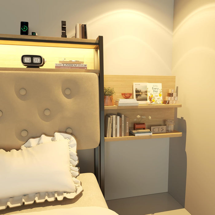 King Bed Frame with Storage Headboard, Velvet Upholstered Platform Bed with 4 Drawers, LED Bed Frames with Charging Station, No Box Spring Needed, Easy Assembly, Beige