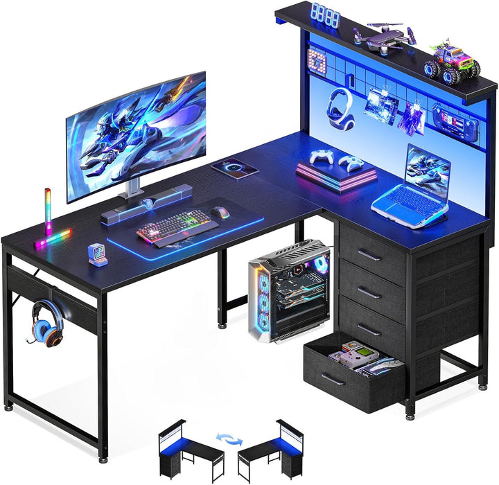 43” L Shaped Gaming Desk for Small Rooms, Compact Corner Computer Table with Shelf & Hutch, 4 Drawers, Reversible Study Desk with LED Light, Home Office Table, Black