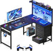 43” L Shaped Gaming Desk for Small Rooms, Compact Corner Computer Table with Shelf & Hutch, 4 Drawers, Reversible Study Desk with LED Light, Home Office Table, Black