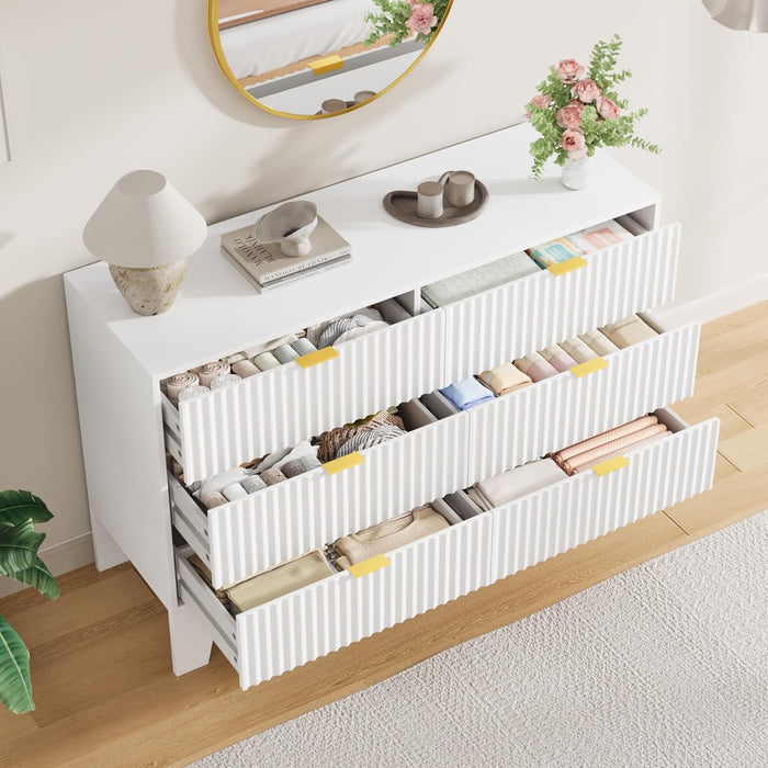 6 Drawer Dresser for Bedroom, 47" Wide Modern Fluted Dresser with Gold Metal Handles, Chest of Drawers for Bedroom, Living Room, Entryway, Hallway, White