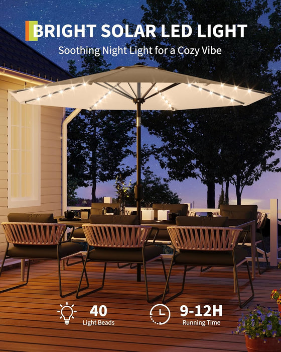 10 Ft Patio Umbrella with Solar Lights, 8 Ribs Outdoor Market Table Umbrella with 40 LED Lights & Tilt Crank for Pool, Deck, Backyard (Tan)