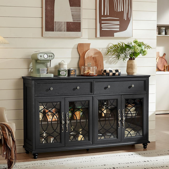 Farmhouse Sideboard Buffet Cabinet with Storage,59" Large Credenza with 4 Glass Doors & 2 Drawers,Adjustable Shelves Console Table,Wood Kitchen Coffee Bar for Dining Room,Living Room,Black