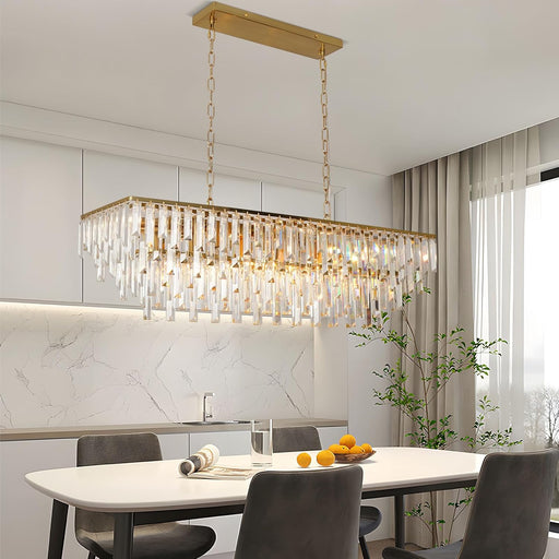 39" Modern Rectangle Crystal Chandelier, Gold Linear Pendant Light with Clear Crystal Prisms, Luxury Island Lighting Fixture for Dining Room Kitchen Table Living Room
