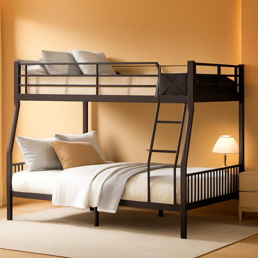 Full XL over Queen Bunk Beds for Adults, Heavy-Duty Metal Bunk Bed Frame with Non-Slip Ladder and Safety Full-Length Guardrails for Kids Teens Adults, Space-Saving, Black
