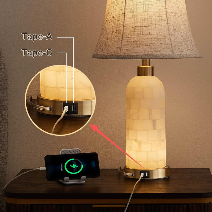 25" Natural Alabaster Table Lamps Set of 2 with LED Night Light