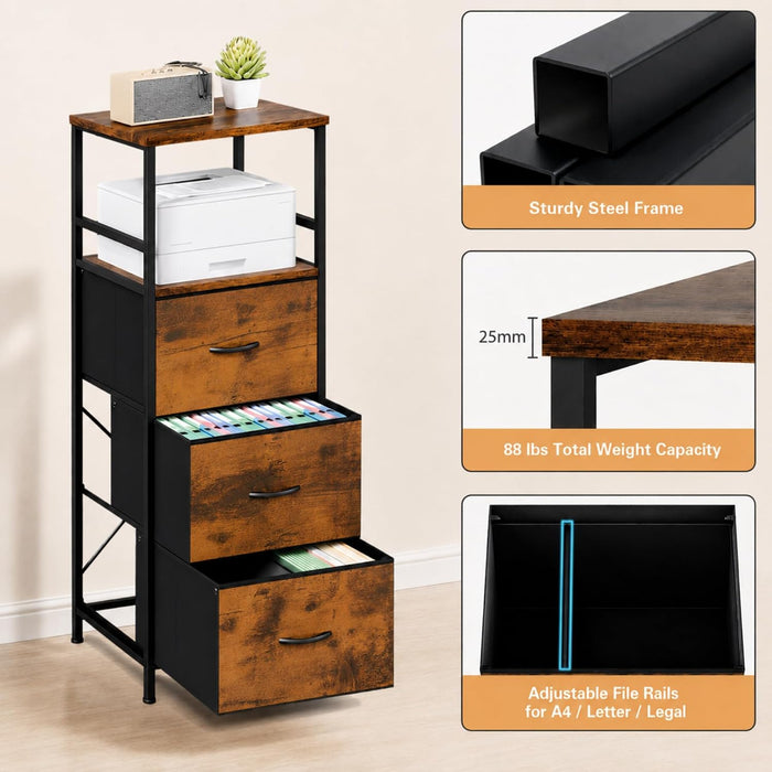 3 Drawer Rolling File Cabinet with Dual Printer Stand, 51" Tall