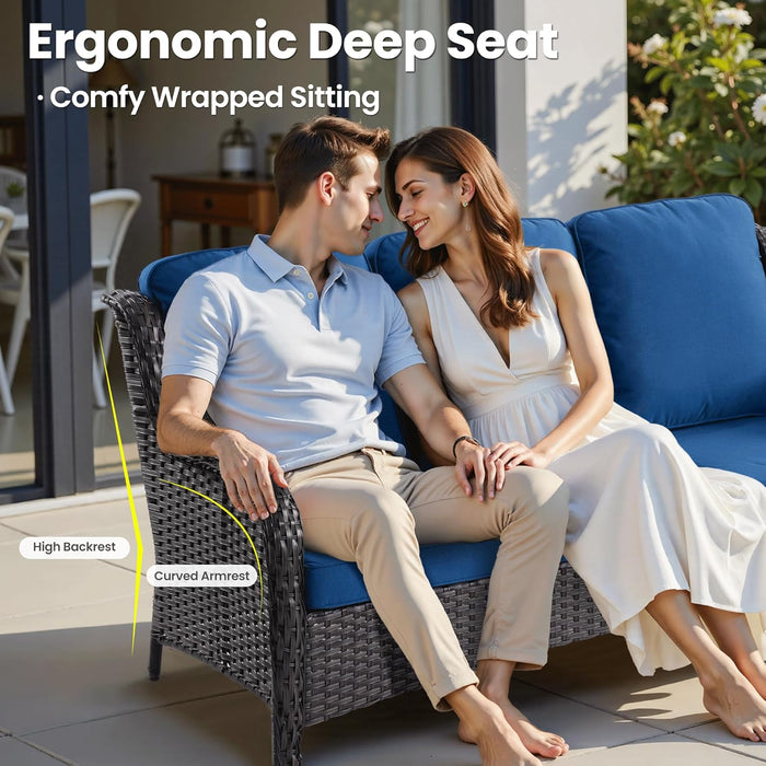 5-Pieces Patio Furniture Set, Outdoor Wicker Sofa Couch with Chairs Ottomans Comfy Cushions, All Weather Modern High Back Conversation Set, Brown Rattan, Navy Blue