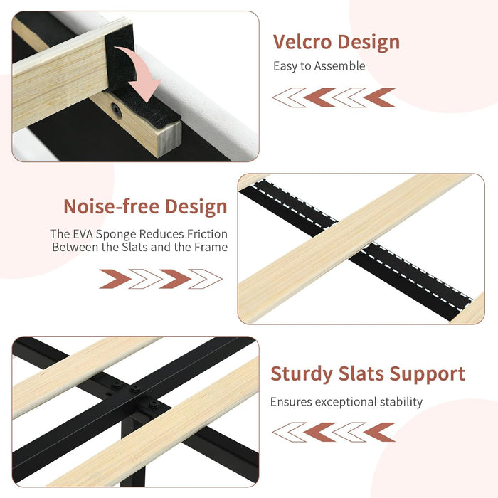 Queen Size Bed Frame with Headboard and LED Lights, Velvet Upholstered Platform Bed Frame with Wooden Slats Support, No Box Spring Needed, No Noise, Beige