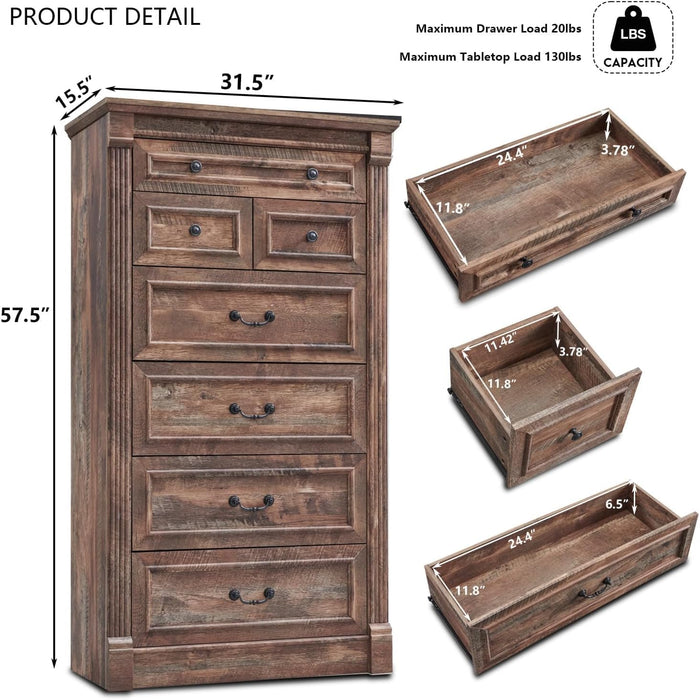 Farmhouse 57" Tall 7 Drawers Dresser for Bedroom, Light Brown