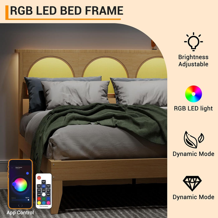 Rattan Bed Frame with Headboard, Wooden Platform Bed Frame Queen Size with Smart RGB LED Storage Headboard, Boho Wood Bed Frame No Box Spring Needed, under Bed Storage, Easy Assembly