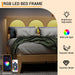 Rattan Bed Frame with Headboard, Wooden Platform Bed Frame Queen Size with Smart RGB LED Storage Headboard, Boho Wood Bed Frame No Box Spring Needed, under Bed Storage, Easy Assembly