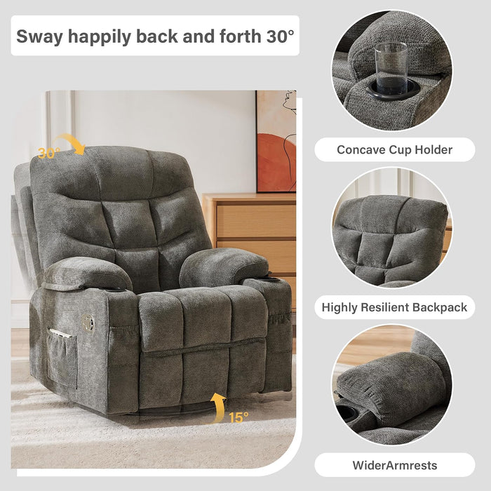 360°Swivel Rocker Recliner Chair with Cup Holders Grey, 1-Pack