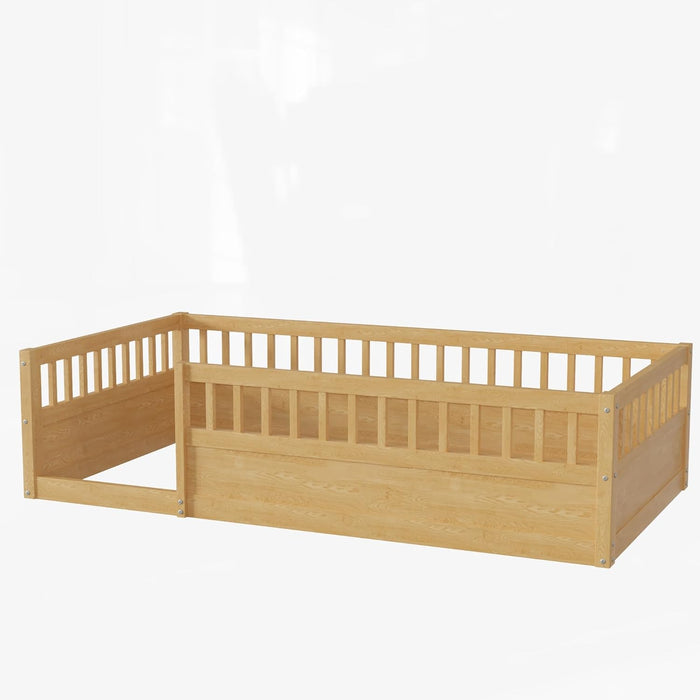 Floor Bed for Kids, Twin Size Montessori Bed with High Fence Railings, Wood Playhouse Bed with Rails for Baby Boys Girls Teens, No Slats Included, Natural