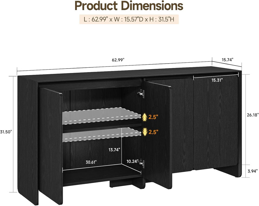 63" Sideboard Buffet Cabinet with 4Door & Adjustable Shelves, Black