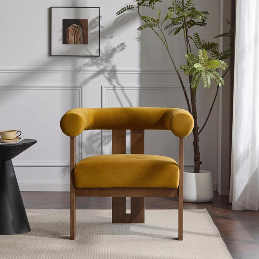 Luxurious Mustard Velvet Barrel Chair Solid Walnut