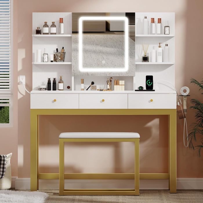 Makeup Vanity Desk Set with Mirror and Lights & Charging Station & Makeup Stool, 3 Drawers Vanity Table with 3 Hidden Storage Shelves for Bedroom (White & Gold) 39.5" W, Upgraded