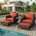 Patio Conversation Set 5 Piece, Balcony Furniture Outdoor PE Rattan Wicker Lounge Chairs with Soft Cushions, 2 Ottomans & Glass Table for Porch Lawn, Brown (Orange Red Cushions