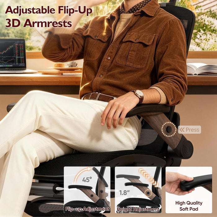 Ergonomic High-Back Office Chair with Footrest – Flip-Up Arms, 3D Headrest, 135° Recline, and Wide Mesh Seat with Lumbar Support. Rolling Swivel Task Chair for Gaming or Work, Sturdy, 300 LBS.