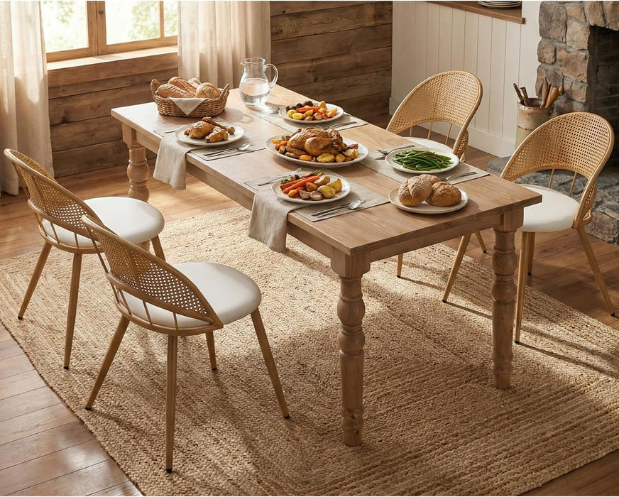 Rattan Dinner Chairs Set of 4 with Faux Leather Cushion, Modern Dining Room Chairs W/Adjustable Foot Pads, Kitchen Boho Chairs Mid Century Upholstered, White