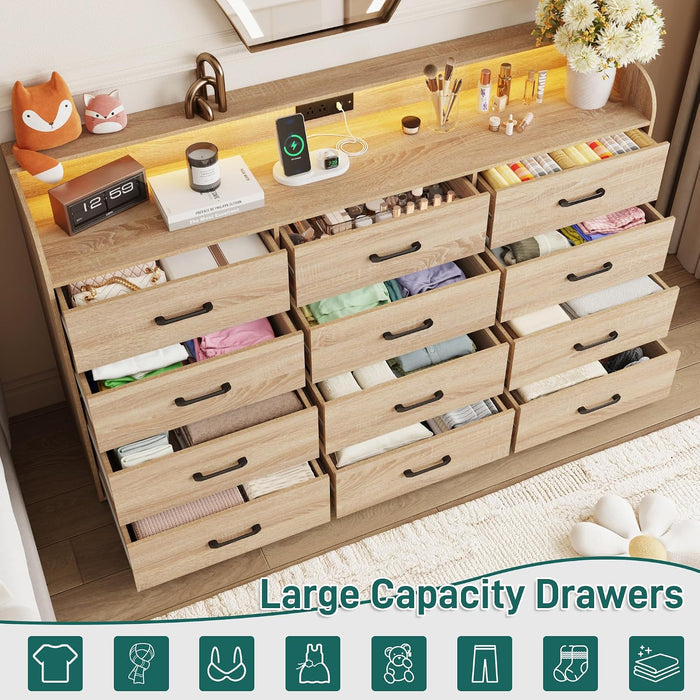 12 Drawers Dresser for Bedroom, 63" Wood Dresser with Power Outlet, LED Lights and Deep Drawers, Wide Chest of Drawers, Modern Minimalist Closet Dressers for Kids Bedroom, Living Room, Nursery, Oak