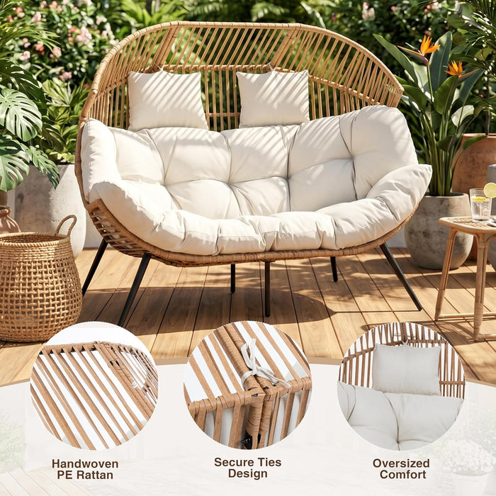 Double Egg Chair Wicker Outdoor Chairs, 2 Person Oversized Patio Loveseat Lounge Chair with Cushion, Indoor Living Room Bedroom outside Patio Backyard Balcony Leisure Chair, Creamy White